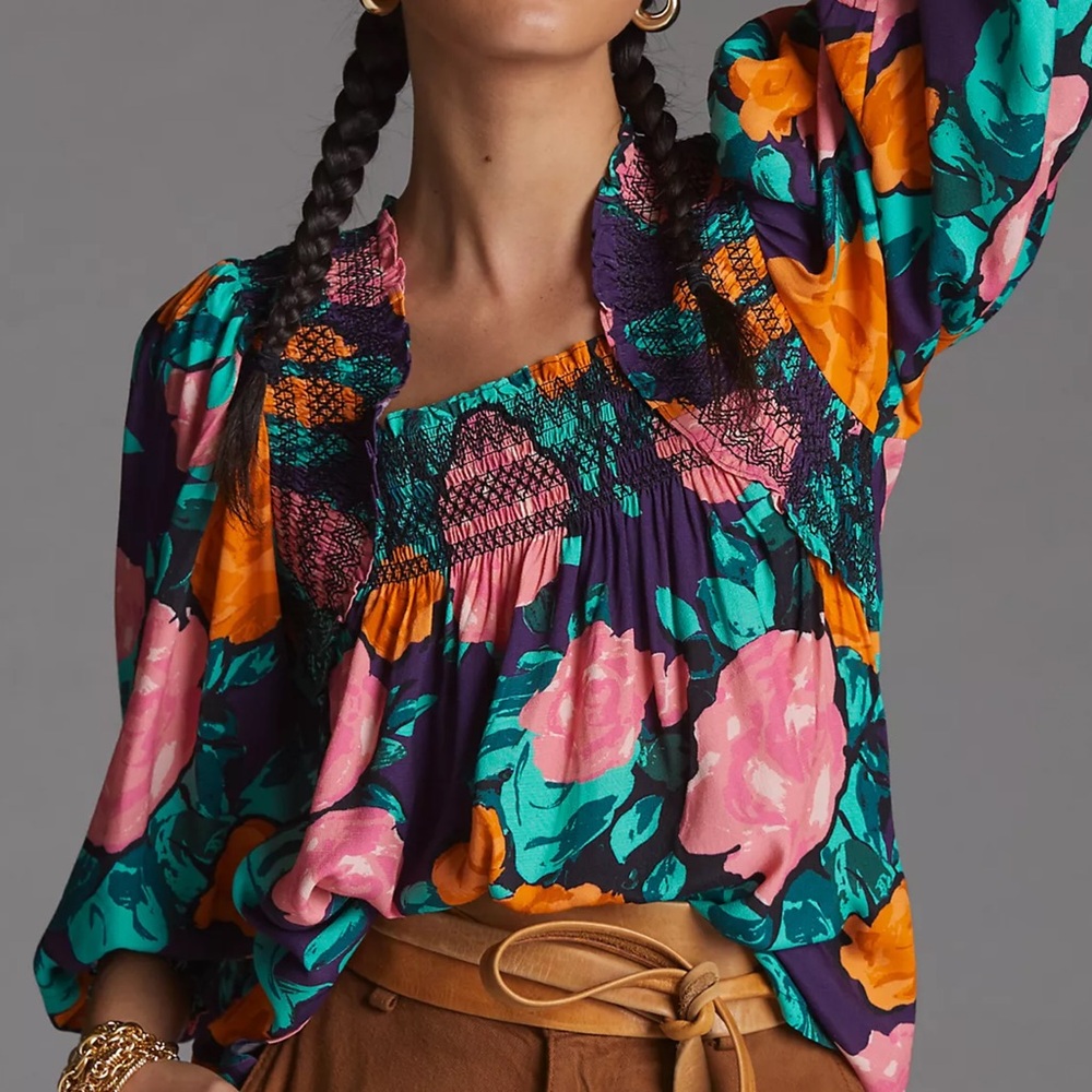 Anthropologie Plenty by Tracy Reese Puff-Sleeved Floral Blouse